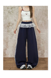 Navy Blue Wide Leg Elastic Waist Striped Sweatpants
